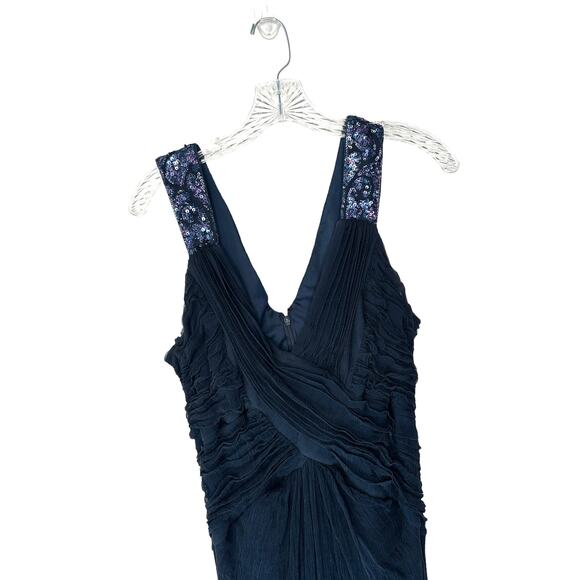 Tadashi Shoji Dress Navy Blue Sequin Silk Sleeveless Formal Maxi Gown Size 16 - Picture 3 of 11